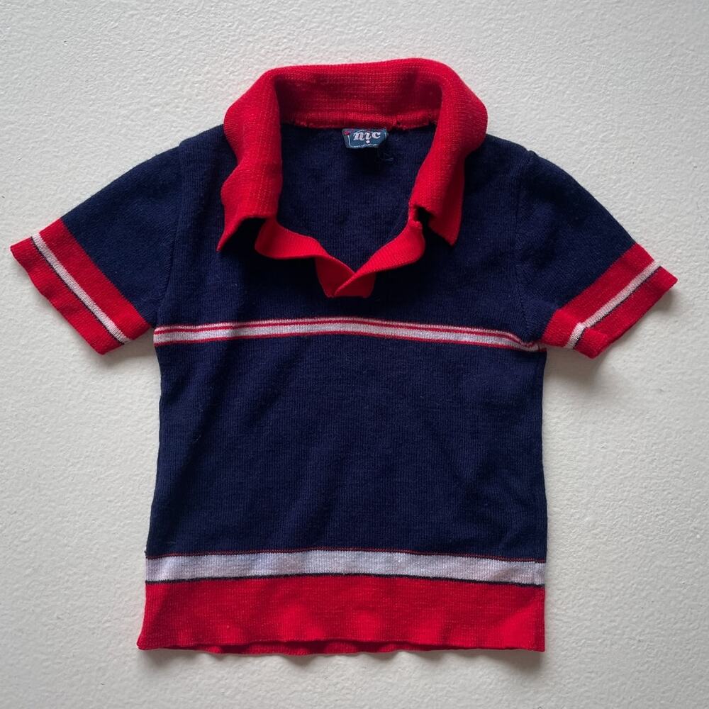 Vtg 80s NIC Navy Red KIDS Toddler Knit Collared Polo Shirt / Sz 24M / Retro